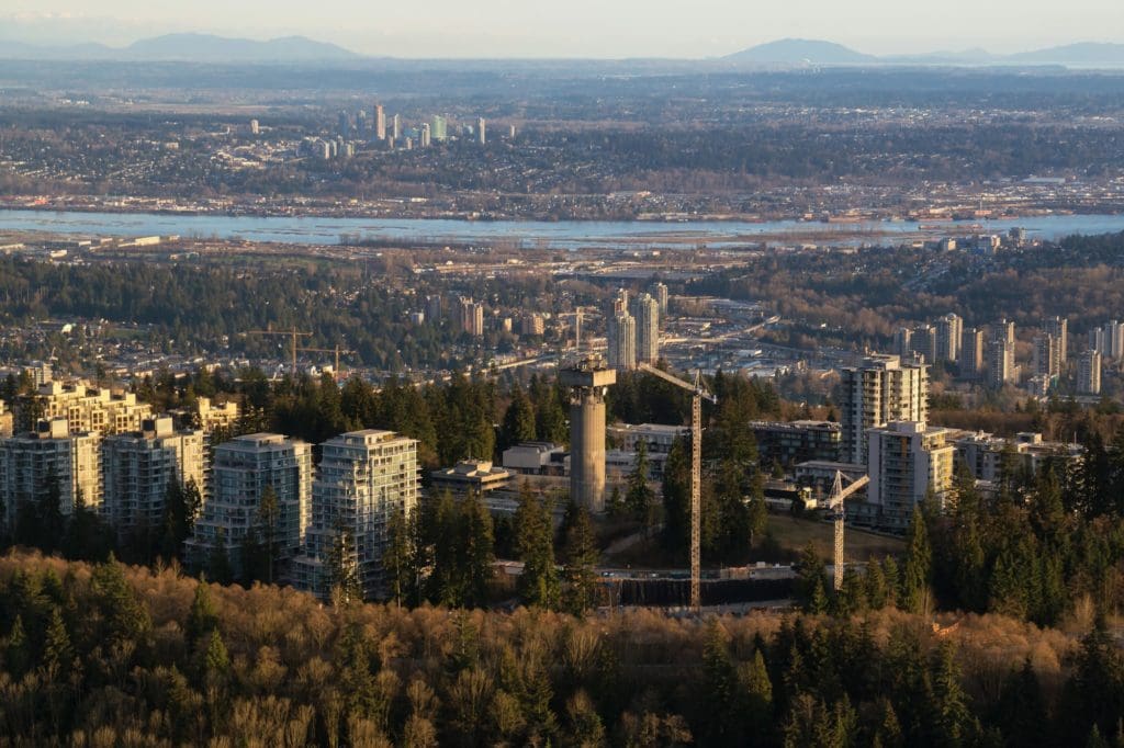 Aerial City view of Burnaby Mountain and Simon Fraser University